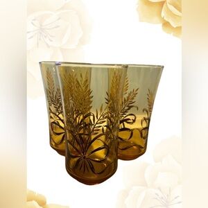 MCM Libbey Amber Wheat Sheaves & Ribbon Drinking Glasses Bolero shape, Vtg.